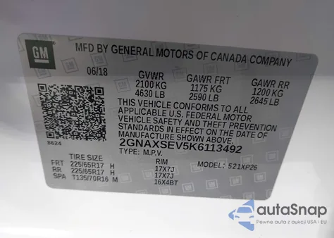 2019 Chevrolet Equinox Ls z USA, uszkodzony, nr VIN 2GNAXSEV5K6113492